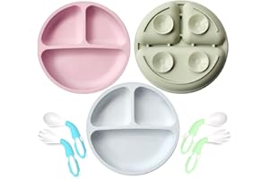 RHSHANLICUN Assiette bébé avec ventouse,Assiette enfant en silicone avec cuillère fourchette sans BPA,Assiette enfant antidérapante Toddler avec séparateur,Set de vaisselle enfant pour (Rose/Vert/Bleu Clair)