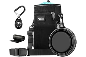 Pethee Dog Treat Pouch Bag - Waterproof Walking Bag with Poop Bag and Built-in Dispenser, Collapsible Bowl, Clicker, Water Resistant Easy-to-Clean Liner Design, 3 Ways to Wear ((Blue)