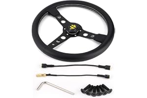 Ruspela Volant de voiture 350 mm style Prototipo 6 boulons en cuir noir volant de course coutures grises avec bouton klaxon