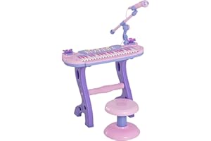HOMCOM Piano Infantil 37 Teclas Teclado Electrónico Juego de Piano Regalo Juguete Educativo para Niños +3 Años con Micrófono Taburete Luces y 22 Canciones USB/MP3 Karaoke Rosa
