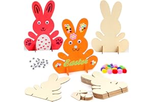 Zaloife Hasen aus Holz zum Bemalen, 10 Stück DIY Osterhase Deko, Bunte Mini Pompons mit Kulleraugen, Bastelset Kinder Frühling für Bastelzubehör Dekorationen