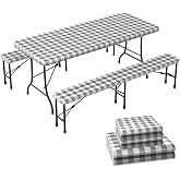 VOUNOT&reg; Square Stain Resistant Tablecloth, Set of 3 for Picnic Table and Benches Waterproof Vinyl Fitted Tablecloth for Parti