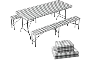 VOUNOT® Mantel Antimanchas a Cuadrados, Juego de 3 Piezas para Mesa de Picnic y Bancos, Mantel Ajustable de Vinilo Impermeable para Fiestas, Exteriores, Camping