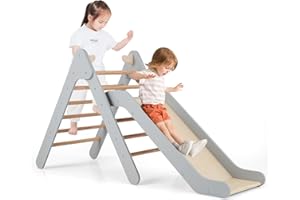 ‎COSTWAY COSTWAY Kletterdreieck mit Rutsche, Klettergerüst aus Holz, Sprossendreieck zum Rutschen und Klettern, für Kinder ab 1 Jahre (Grau)