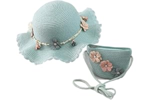 DINNIWIKL Straw Hat Bag Set Children's Strohhut und Kleine Tasche Set for Girls Geraffte Strohhut with Flower Decorationfor Holiday Travel Strand Outdoor, Head Circumference: 52-54 cm