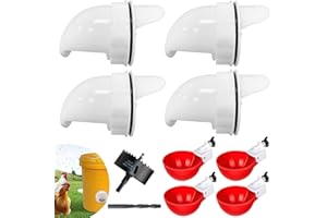 OUYOLAD 4 Chicken Feeders 4 Chicken Waterer Cups Nipples, Automatic Chicken Feeders No Waste DIY Poultry Feeder with Rat Stopper Caps, Rodent Proof, Rain Proof, for Buckets Barrels Bins Troughs