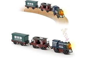 ELIPHONTOWNE Battery Train for Wooden Track - 3 Pcs Magnetic Retro Battery Operated Light Up Train Toys with Sound, Wooden Train Track Accessories for 3+ Toddler Kid Boy Girl Birthday Christmas Halloween(Green)