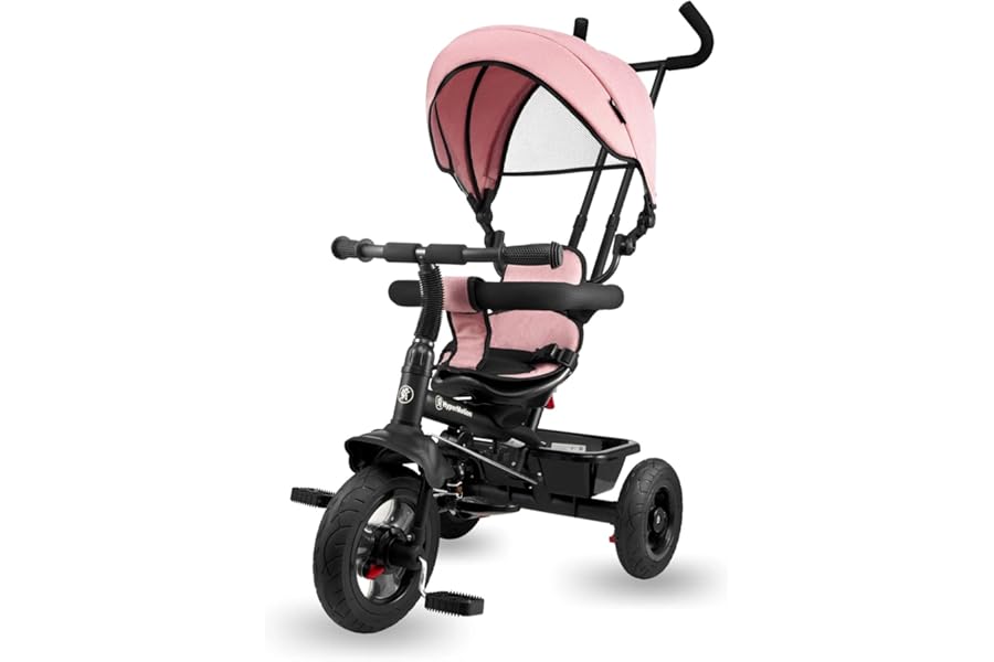 HyperMotion Toddler Tricycle with Parent Handle - Adjustable Push Bar Trike for Ages 1-4, Removable Canopy & Safety Belt - Lightweight Kids Bike with Storage Basket (Pink)