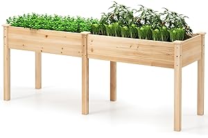 HOMASIS Huerto Urbano Elevado de Madera, Rectangular Cama de Jardín con 8 Orificios de Drenaje, Mesa Jardinera de Cultivo para Verduras, Flores, Frutas Patio Terraza (Natural)