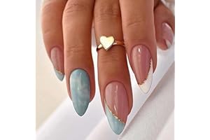 AJUHNICYN 24 piezas/set Uñas postizas Uñas acrílicas Uñas de cobertura total Brillo duradero Adecuado para mujeres y niñas (Blanco y azul)