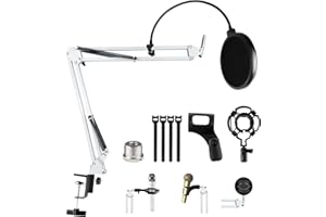 Relota Stojak na Mikrofon Biały Regulowany z Filtrem Pop, Mocowanie Wstrząsoodporne