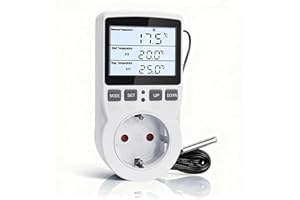 KETOTEK Prise Thermostat avec Sonde de 3 Mètres 220V, Régulateur de Température Prise Numérique avec Rétroéclairage LCD, Contrôleur de Température pour Couveuse Frigo Serre