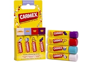 Carmex Lip Balm Set – Pack of 4 | Marshmallow, Vanilla, Candy Cane & Sugar Plum | 24H Hydration | Visibly Softer Lips After 1 Use | Travel-Friendly| Clinically Proven to Reduce Dryness & Fine Lines