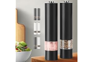 VIRKLYEE Molinillo Eléctrico para Sal Y 2PCS Pepper Grinder Tosquedad Ajustable Juego de molinillo de sal y Molinillos de pimienta Con luz LED Molinillos de Sal y Pimienta Operación con una mano (Negro)