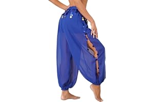 Jowowha Women Belly Dance Costume Pants Side Split Sequin Shiny Harem Yoga Pants Arabic Halloween Trousers