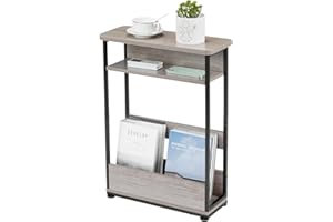 YEAKOO Narrow Side Table,3-Tier Slim End Table with Storage Shelf,Modern Sofa Table Thin Side Table for Narrow and Small Spaces, Skinny Bedside Table Small Nightstand with Magazine Rack Space Saving/Oak