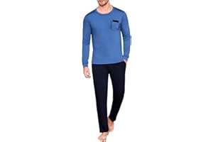 Uniexcosm Pijama Hombre Largo Invierno Algodon Conjunto de Pijamas de Manga Larga 2 Piezas Cuello Redondo Ropa De Dormir Top Manga Larga y Pantalones Largos