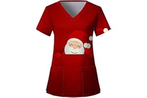 OUMSHBI Kasack Weihnachten Damen Altenpflege V-Neck Kurzärm Weihnachtsdruck Medizinische Damen Pflegebekleidung Mit Taschen Lässig Locker Weihnachtenkostüm Tops Damen Schlupfkasack Pflege Baumwolle