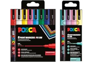 JP-JORPAY POSCA PC-3M-Set de 12 Rotuladores Punta Media – 8 Colores Básicos + 4 Colores Pastel – Tinta Acrílica Permanente para Papel, Madera, Vidrio, Tela, Piedra y Más