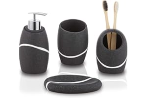 ZCCZ Badezimmer Set – 4-teiliges Organizer-Set mit Zahnbürstenhalter, Seifenspender, Schale für Kosmetik und Wattestäbchen – Elegante Deko in Steinoptik, schwarz für modernes Bad