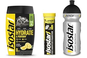 ‎ISOSTAD Isostar Hydrate & Perform Iso Drink – 400 g isotonisches Getränkepulver – Elektrolyt Pulver zur Unterstützung der sportlichen Leistungsfähigkeit – 1 x Zitrone + 1x Zitronen Tabs + 0,5 Liter Flasche