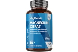 Magnesiumcitrat i kapslar – 444 mg elementärt magnesium per portion – 240 kapslar – 4 månaders förbrukning – Magnesium bidrar till att minska trötthet och utmattning (EFSA) – WeightWorld
