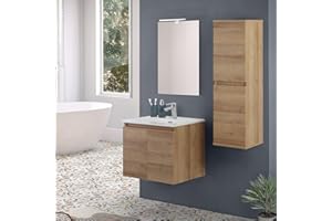 Inbagno Mobile bagno sospeso 60 cm rovere africa con 2 ante soft-close, lavabo in ceramica e specchio reversibile 50x70 cm, KLEO