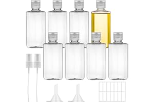 Ysimple Zestaw 8 butelek podróżnych, 100 ml, plastikowa butelka z klapką, przezroczyste, puste pojemniki na kosmetyki ze spryskiwaczem, lejkiem i etykietą, do podróży samolotem, szamponu, odżywki, balsamu (100 ml)
