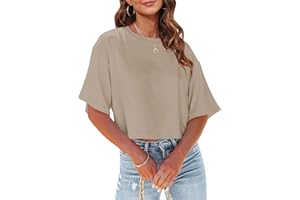 Tankaneo Damen Crop Tops Kurzarm T-Shirts Sommer Fitness Oversize Oberteile Crew Neck Bauchfrei Sportshirt