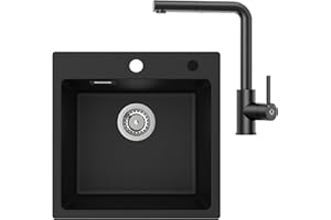 CECIPA Évier en granit avec robinet extensible - 1 type de jet seulement - Noir - 45 x 45 cm - Rectangulaire - Noir - Évier de cuisine moderne - Rectangulaire - Petit évier de cuisine - 1 bac