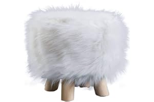 NIRU MOTT 50 Premiun Faux Fur Round Ottoman Slipcover,Fluffy Mini Round Footstool Cover,Super Soft Footrest Protector,Small Removable Foot Stool Cover, White