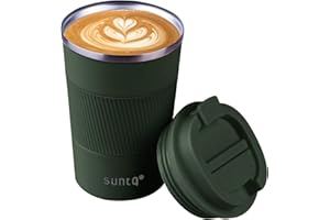 SUNTQ Reusable Coffee Cups Travel - Coffee Travel Mug with Leakproof Lid - Thermal Mug Insulated Cup - Stainless Steel Travel Cup with Rubber Grip - for Hot and Cold Drinks, 13oz/380ml, Green