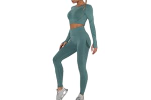 Dihope Conjunto Deportivo para Mujer 2 Piezas Top Corto de Manga Larga de Running Pantalones de Cintura Alta Elásticos Leggings de Fitness sin Costuras para Yoga Gimnasio Trotar