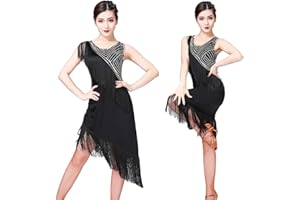 MARITOWN Vestito da Ballo Latino con Paillettes a Frange con Paillettes, Vestito da Ginnastica per Donna Senza Maniche per Vestito da Ballo Latino Salsa Cha Cha Tango Rumba Ballroom