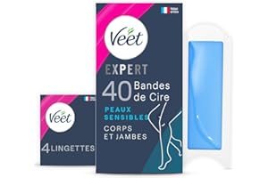 Veet EXPERT - 40 Bandes de Cire Froide Corps & Jambes - Peaux Sensibles - Finition Parfaite - Epilation Longue Durée