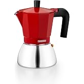 Monix Induction Inox | Italian Coffee Maker, 6 Cup, Red | Aluminium and stainless steel, 6 cups capacity, thermo-resistant ha