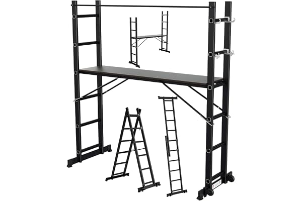 Gimisgu Ställning, 4-i-1 aluminum multifunktionsstege 6 + 6 steg, mobil multifunktionsstege med plattform och 2 hjul, arbetsutrustning, arbetsstation, lastkapacitet upp till max. 150 kg