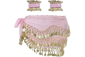 SAMHENG Bauchtanz Hüfttuch mit Armband, 128 Münzen Bauchtanz Rock Wrap Gürtel mit Handgelenk Knöchel Armbänder, Tanz Rock Gürtel Taille Kette für Bauchtanz, Zumba oder Yoga-Klasse, Performance-Kostüm