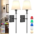 Aiehnid Battery Operated Wall Lights Set of 2，with Color Temperature Dimmable Remote Control，Battery Powered Non Hardwired Wall Lamp，for Bedroom Farmhouse Bedside Reading Light (Black)