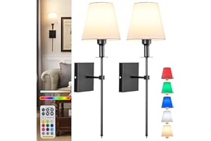 Aiehnid Battery Operated Wall Lights Set of 2，with Color Temperature Dimmable Remote Control，Battery Powered Non Hardwired Wall Lamp，for Bedroom Farmhouse Bedside Reading Light (Black)