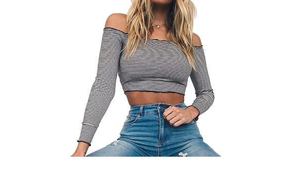 Donna Crop Top Scollo a Barca Maglie a Manica Lunga Shirts Sottile Corti  Bluse a Righe Elegante Camicie Tops Blouse T-Shirts : Amazon.it:  Abbigliamento
