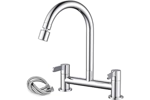 Peppermint Kitchen Mixer Taps 2 Hole with 2 Function Aerator Kitchen Sink Mixer Taps Dual Lever Chrome Bridge Sink Mixer Tap for Kitchens 360° Swivel 180MM Center Deck Mounted 1/4 Turn Faucet