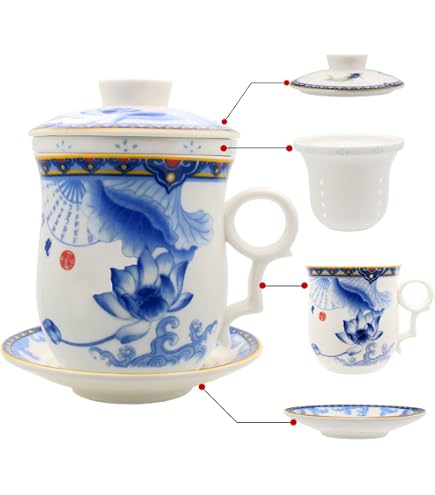 Tasse à Thé En Porcelaine Jingdezhen Avec Couvercle, Soucoupe Et Filtre - 350ml, Élégante Et Pratique