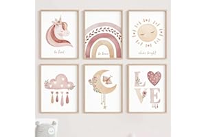 Youihom 6 Posters for Little Girls Room Wall Pictures Pink Boho Art Baby Girl Nursery Prints Unicorn Rainbow Sun Moon Clouds Love Pictures Canvas 21 x 30 cm without Frame