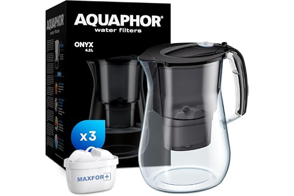 AQUAPHOR Vattenfilter Onyx Svart inklusive 3 MAXFOR+ Filter I Vattenfilter med glasoptik för 4,2 liter I Karaff I Minskar kalk och klor I Perfekt för familjen I Premiumkvalitet I Stilig behållare