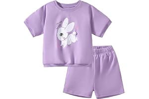 Gumyoss Mädchen Bekleidungsset Kaninchen Einhorn Regenbogen Katze Häschen Kurzärmliges T-Shirt und Shorts Set Kinder Sommer Outfit Kleidung Set Mädchen Gr.92-122