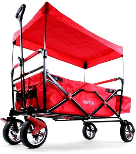 FUXTEC Bolderkar CT100 – Opvouwbare handkar met dak – Max. draagvermogen 75 kg – Verwijderbare zonwering – Stevig stalen frame – Ingebouwde achtermand – Geschikt voor kinderen van 3 tot 6 jaar