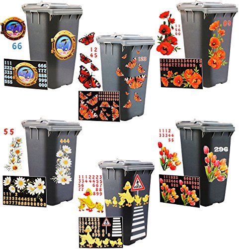 Aufkleber für Mülltonne - " Motiv-Mix " - circa 40 tlg. Set - incl. Zahlen - Mülltonnenaufkleber / Mülltonnensticker - Sticker _ wetterfest & wasserfest - Mülltonnen / Mülleimer - lustige Tiere - Ente / Küken - Entchen - Blumen - Blüten Schmetterlinge
