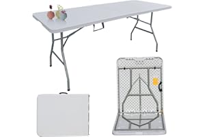 HA FURNITURE 6ft Folding Table, Fold-in-half Plastic White Foldable Table w/Carry Handle for Party Dining Picnic Camping Booth Market BBQ