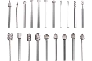 HPMAISON 20pcs Head Tungsten Carbide HSS Rotary Burr Set, Wood Carving Drill Bits Set with 3mm Shank Cutter Compatible for Dremel Rotary Tools DIY Woodworking, Carving, Engraving, Drilling